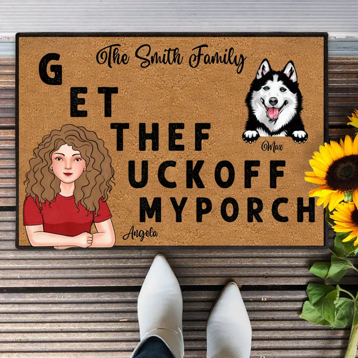 Custom Personalized Pet Doormat - Gift Idea For Pet Lovers - Adult/ Couple With Up to 3 Cats/ Dogs - G ET THEF UCKOFF MY PORCH