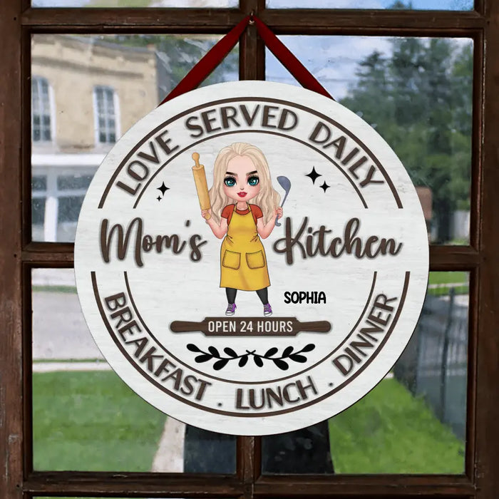 Custom Personalized Mom's Kitchen Circle Wooden Sign - Mother's Day Gift Idea For Grandma/ Mother - Love Served Daily