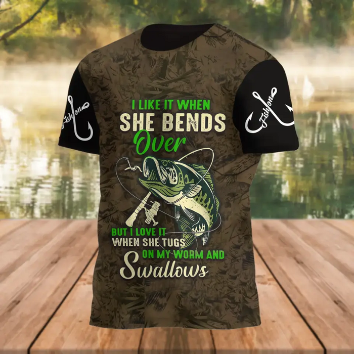 Custom Personalized Fishing Hookin' AOP T-Shirt - Funny Gift Idea For Fishing Lovers/ Father's Day - Gift To Husband/ Boyfriend - I Like It When She Bends Over