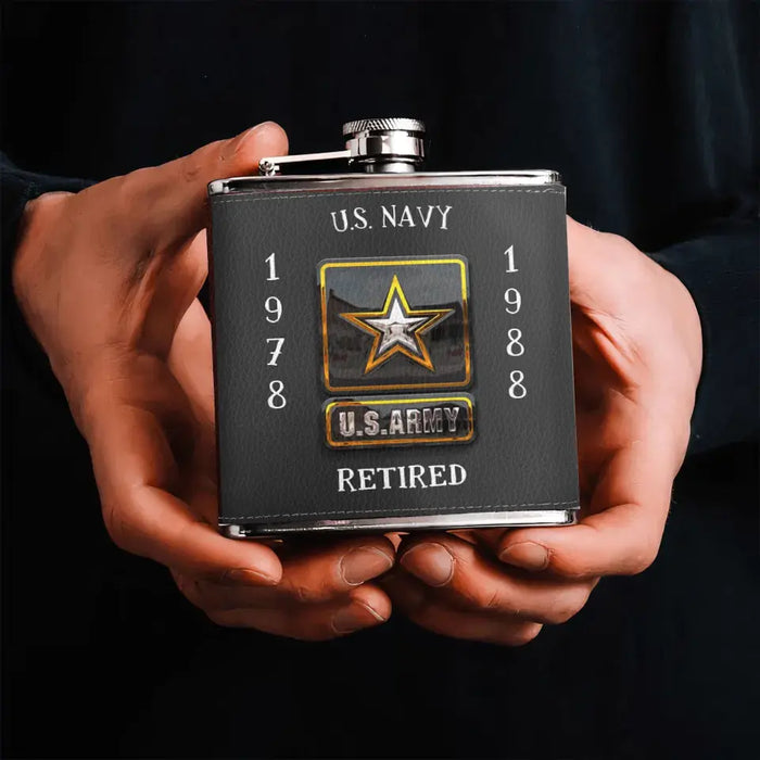 Custom Personalized Retired Veteran Leather Flask - Father's Day Gift Idea for Veteran