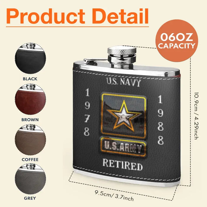 Custom Personalized Retired Veteran Leather Flask - Father's Day Gift Idea for Veteran