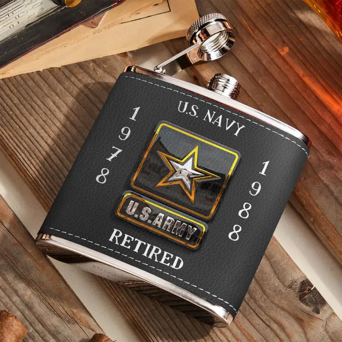 Custom Personalized Retired Veteran Leather Flask - Father's Day Gift Idea for Veteran