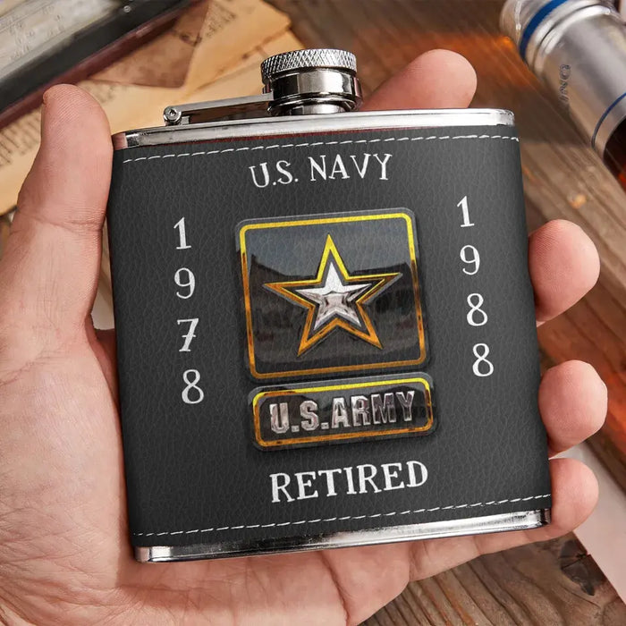 Custom Personalized Retired Veteran Leather Flask - Father's Day Gift Idea for Veteran