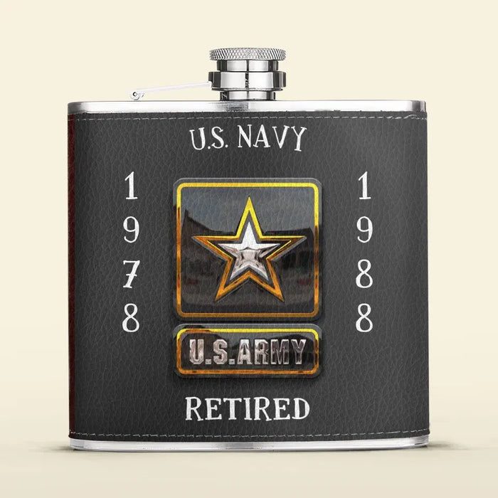 Custom Personalized Retired Veteran Leather Flask - Father's Day Gift Idea for Veteran