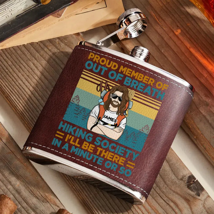 Personalized Hiking Leather Flask - Gift Idea For Hiking Lover/Father's Day/Mother's Day - Proud Member Of Out Of Breath Hiking Society I'll Be There In A Minute Or So