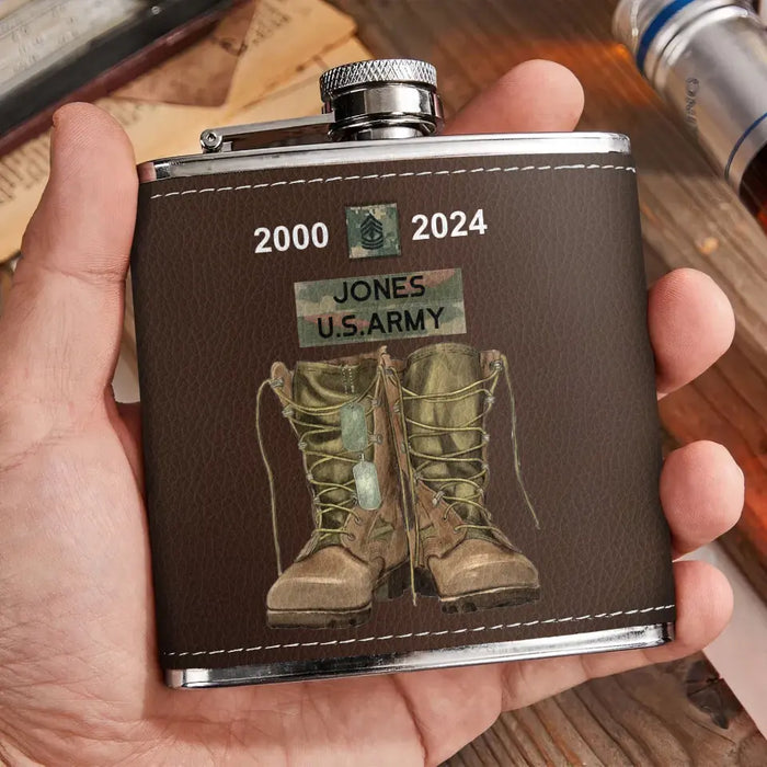 Custom Personalized American Army Boots Leather Flask - Gift Idea For Dad/ Son/ Friend/ Veteran - Custom Rank And Names