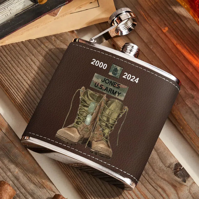 Custom Personalized American Army Boots Leather Flask - Gift Idea For Dad/ Son/ Friend/ Veteran - Custom Rank And Names