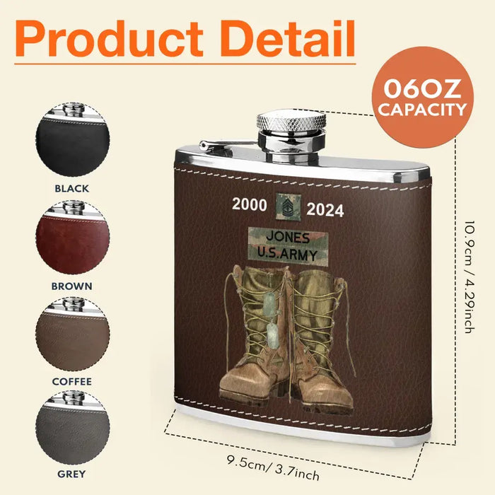 Custom Personalized American Army Boots Leather Flask - Gift Idea For Dad/ Son/ Friend/ Veteran - Custom Rank And Names