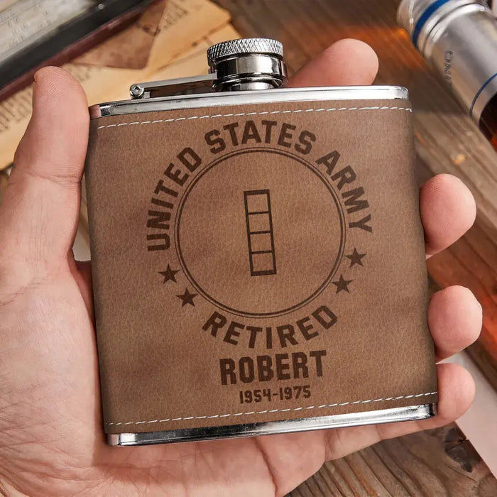 Custom Personalized US Military Veteran Leather Flask - Gift Idea For Dad/ Son/ Friend/ Veteran