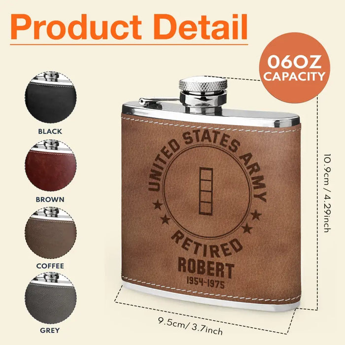 Custom Personalized US Military Veteran Leather Flask - Gift Idea For Dad/ Son/ Friend/ Veteran
