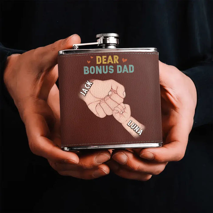 Custom Personalized Bonus Dad Leather Flask - Dad with up to 6 Kids - Father's Day Gift Idea For Dad - Thank You For Stepping And Becoming The Dad You Didn't Have To Be