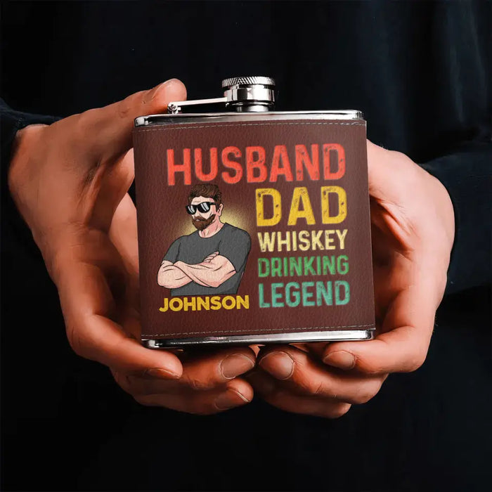 Custom Personalized Dad Leather Flask -  Father's Day Gift Idea For Dad - Husband Dad Whiskey Drinking Legend