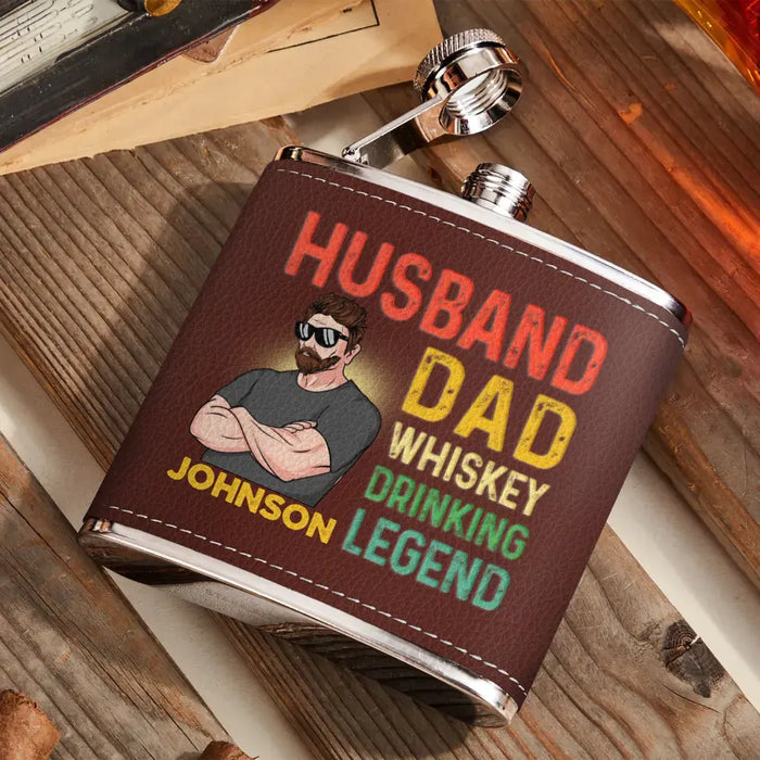 Custom Personalized Dad Leather Flask -  Father's Day Gift Idea For Dad - Husband Dad Whiskey Drinking Legend