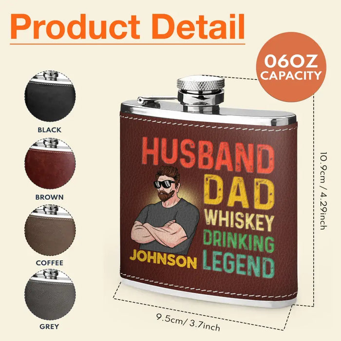 Custom Personalized Dad Leather Flask -  Father's Day Gift Idea For Dad - Husband Dad Whiskey Drinking Legend