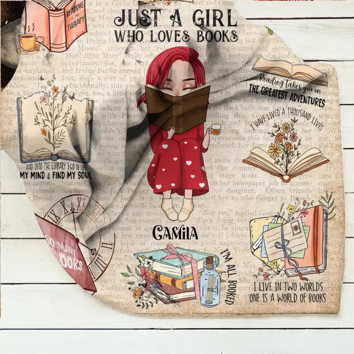 Custom Personalized Reading Girl Quilt/Fleece Throw Blanket/Pillow Cover - Gift Idea For Book Lover - Just A Girl Who Loves Books