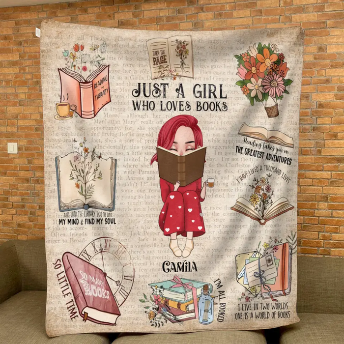 Custom Personalized Reading Girl Quilt/Fleece Throw Blanket/Pillow Cover - Gift Idea For Book Lover - Just A Girl Who Loves Books