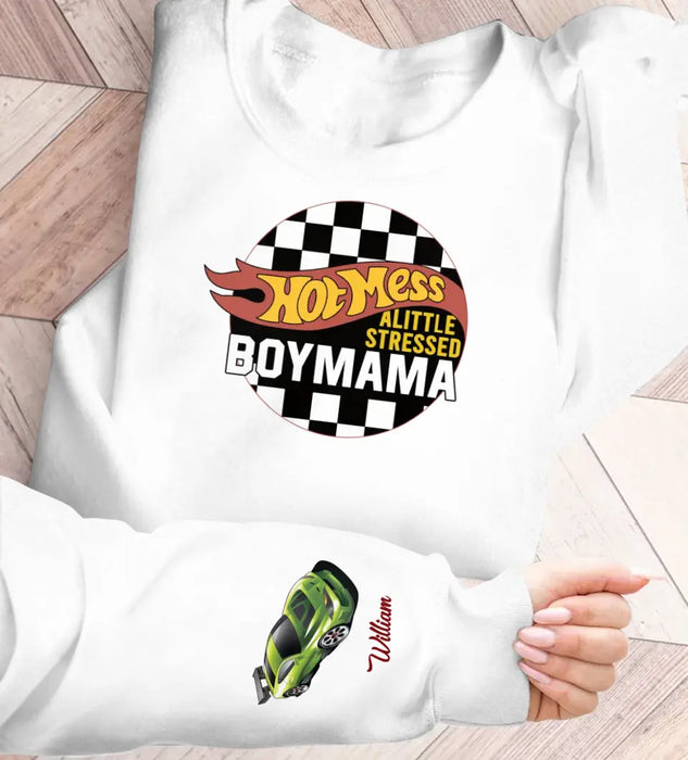 Custom Personalized Hot Mama AOP Sweater - Upto 5 Children - Mother's Day Gift Idea - Hot Mess A Little Stressed Boy Mama