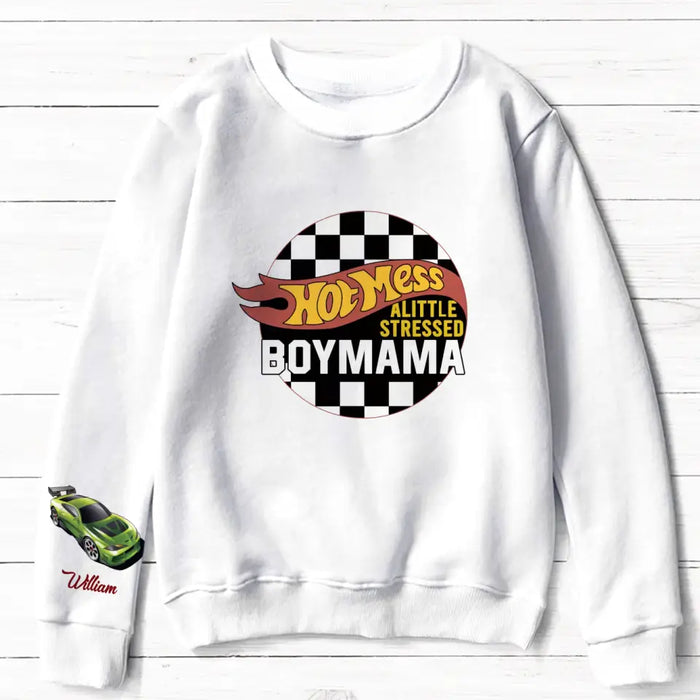 Custom Personalized Hot Mama AOP Sweater - Upto 5 Children - Mother's Day Gift Idea - Hot Mess A Little Stressed Boy Mama