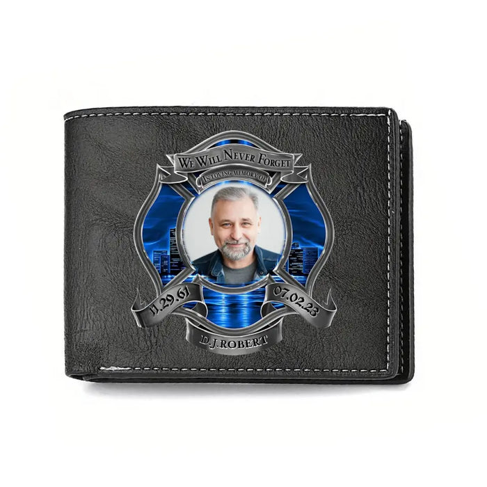 Custom Personalized Memorial Firefighter Leather Wallet - Memorial Gift Idea for Father's Day - We Will Never Forget