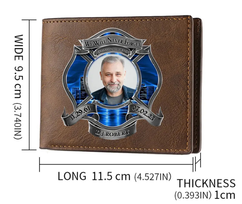 Custom Personalized Memorial Firefighter Leather Wallet - Memorial Gift Idea for Father's Day - We Will Never Forget