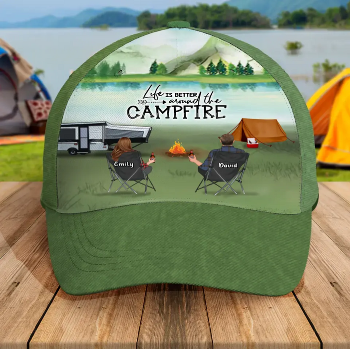 Custom Personalized Camping Baseball Cap - Couple/Parents with up to 2 Children & 4 Pets - Gift Idea for Camping Lovers - Life Is Better Around The Campfire