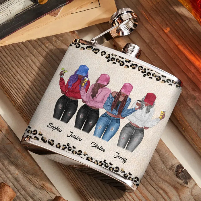 Custom Personalized Besties Leather Flask - Upto 4 Girls - Gift Idea For Friends/ Sisters/ Besties/ Drinking Lover - Just Kidding We Do Both