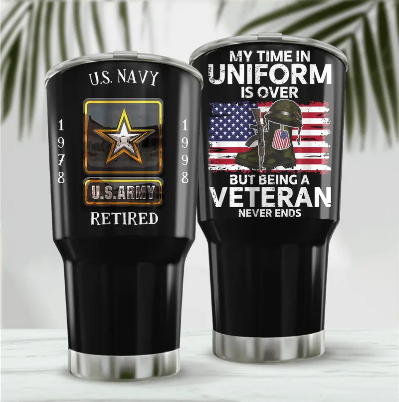 Personalized Retired Veteran Irregular Tumbler - Father's Day Gift Idea for Veteran - My Time In Uniform Is Over But Being A Veteran Never Ends