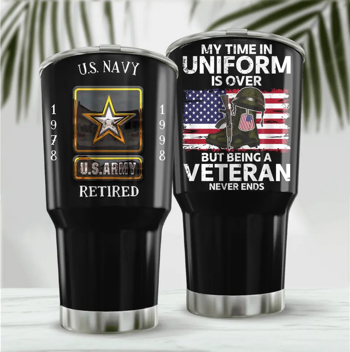 Custom Personalized Retired Veteran Irregular Tumbler - Father's Day Gift Idea for Veteran - My Time In Uniform Is Over But Being A Veteran Never Ends