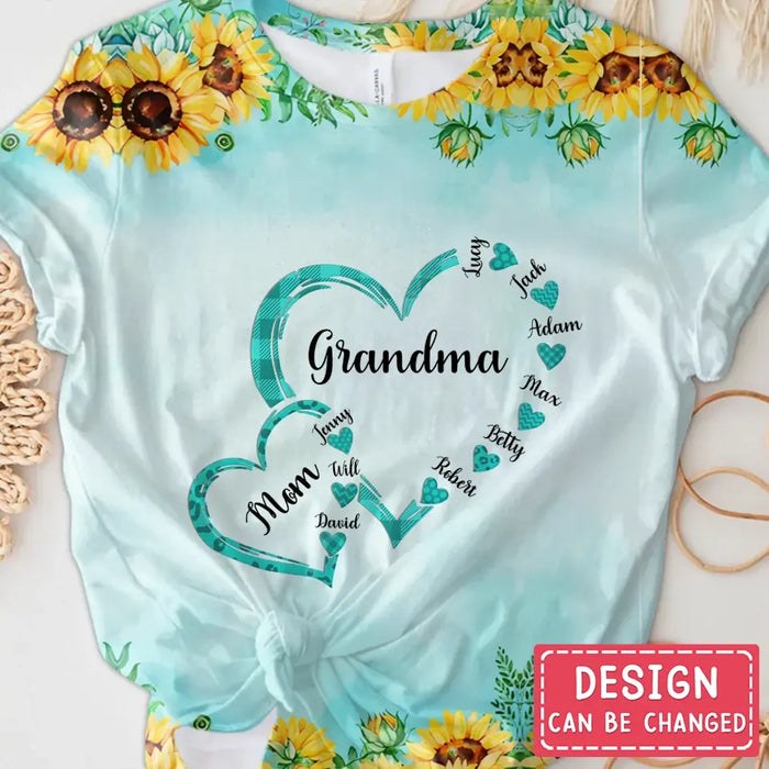 Custom Personalized Mom Grandma Hearts T-shirt - Gift Idea For Mother/ Grandma - Upto 6 Kids And 12 Grandkids