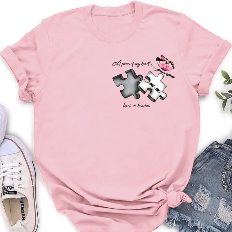 Personalized Memorial Butterfly Shirt/Hoodie - Memorial Gift Idea For Family Member - A Piece Of My Heart Lives In Heaven