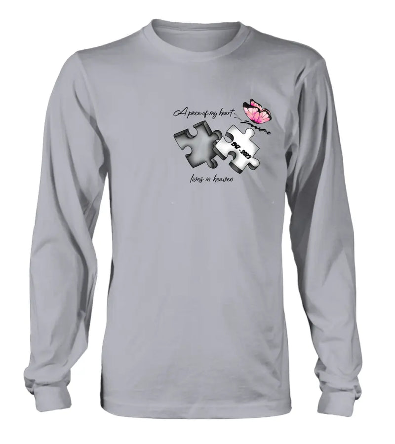 Personalized Memorial Butterfly Shirt/Hoodie - Memorial Gift Idea For Family Member - A Piece Of My Heart Lives In Heaven