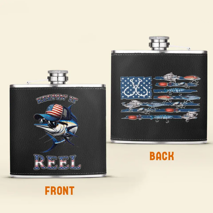 Custom Personalized Fishing Leather Flask - Father's Day Gift Idea for Fishing Lovers - Keepin' It Reel