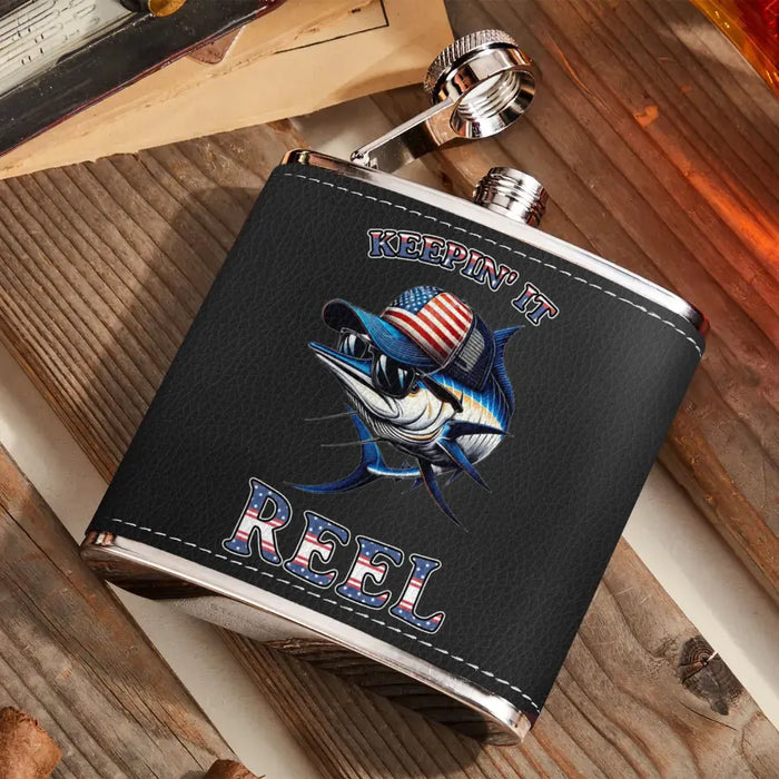 Custom Personalized Fishing Leather Flask - Father's Day Gift Idea for Fishing Lovers - Keepin' It Reel