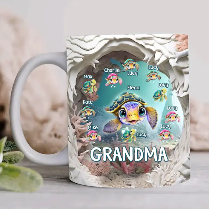 Custom Personalized Grandma With Kids Turtle 3D Effect Coffee Mug - Gift Idea For Grandma/ Mom/ Mother's Day - Upto 10 Kids