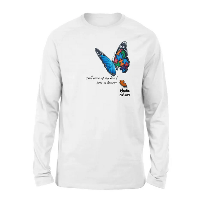 Custom Personalized Memorial Butterfly Shirt/ Hoodie - Upto 4 Puzzles - Memorial Gift Idea for Mother's Day/Father's Day - A Piece Of My Heart Lives In Heaven