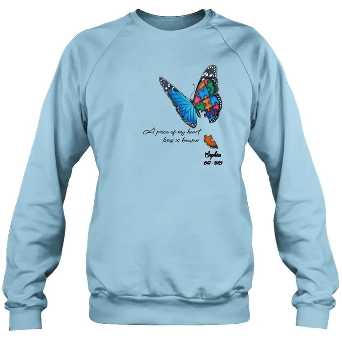 Custom Personalized Memorial Butterfly Shirt/ Hoodie - Upto 4 Puzzles - Memorial Gift Idea for Mother's Day/Father's Day - A Piece Of My Heart Lives In Heaven