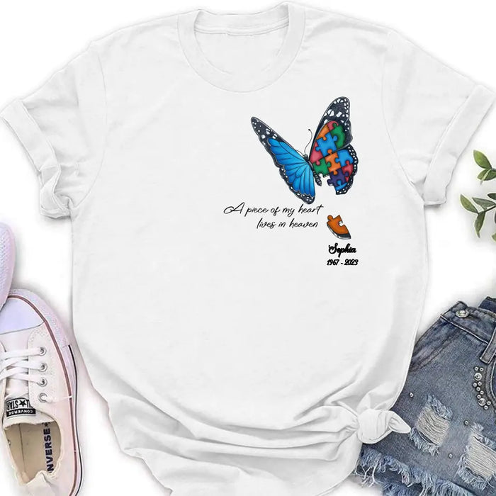 Custom Personalized Memorial Butterfly Shirt/ Hoodie - Upto 4 Puzzles - Memorial Gift Idea for Mother's Day/Father's Day - A Piece Of My Heart Lives In Heaven