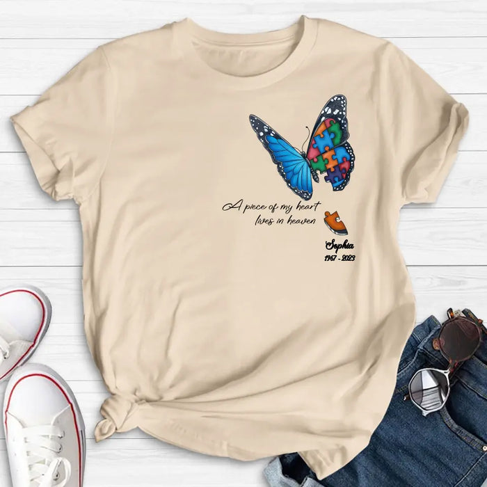 Custom Personalized Memorial Butterfly Shirt/ Hoodie - Upto 4 Puzzles - Memorial Gift Idea for Mother's Day/Father's Day - A Piece Of My Heart Lives In Heaven