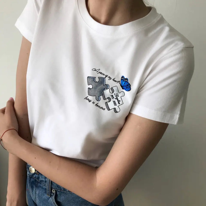 Personalized Memorial Embroidered T-Shirt/Hoodie/Sweater - Up to 5 Puzzles - Memorial Gift for Mother's Day/Father's Day - A Piece Of My Heart Lives In Heaven