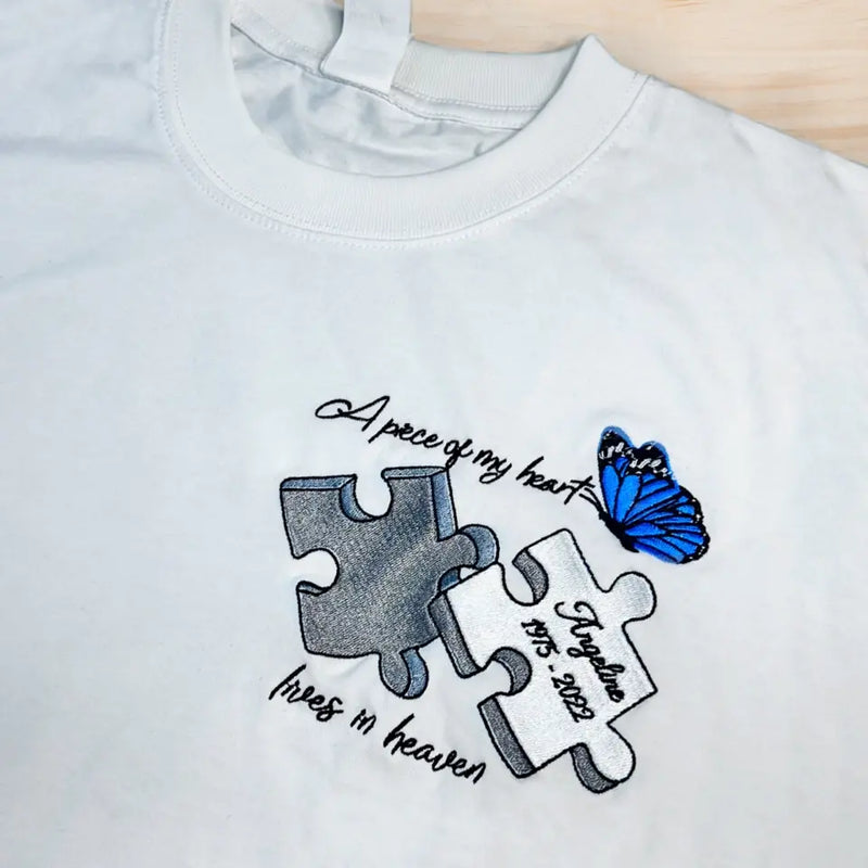 Personalized Memorial Embroidered T-Shirt/Hoodie/Sweater - Up to 5 Puzzles - Memorial Gift for Mother's Day/Father's Day - A Piece Of My Heart Lives In Heaven