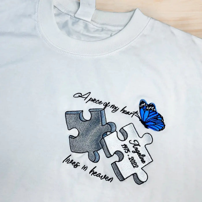 Custom Personalized Memorial Embroidered T-Shirt/Hoodie - Upto 5 Puzzles - Memorial Gift for Mother's Day/Father's Day - A Piece Of My Heart Lives In Heaven