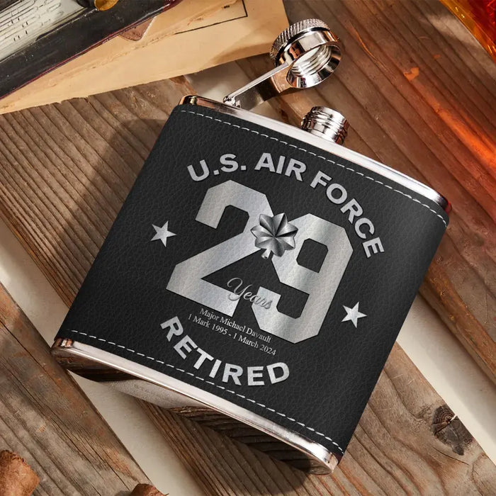 Custom Personalized Retired Veteran Leather Flask - Father's Day Gift Idea for Veteran