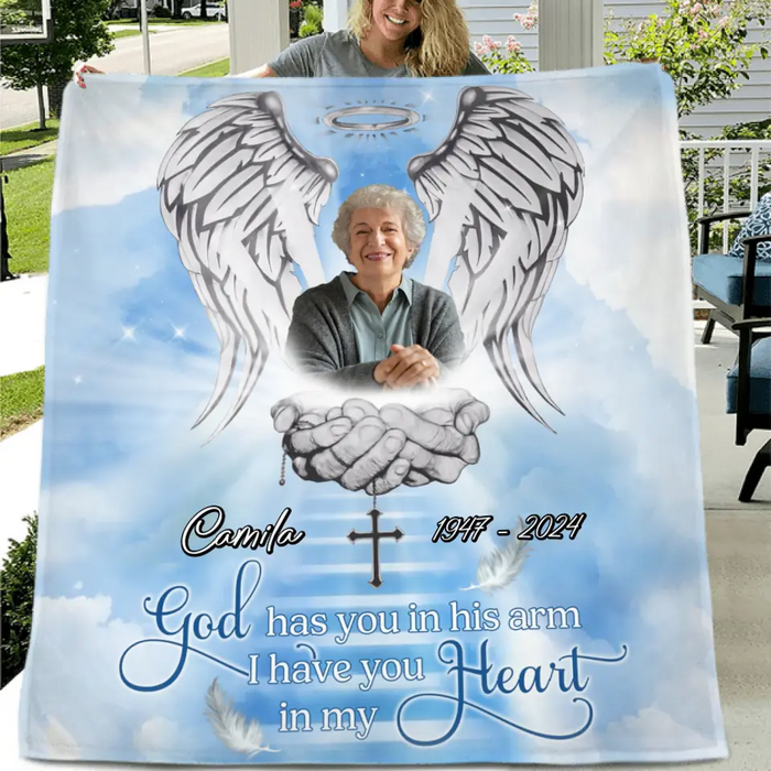 Custom Personalized Memorial Fleece Throw/ Quilt Blanket - Upload Photo - Memorial Gift Idea For Family Member - God Has You In His Arms I Have You In My Heart