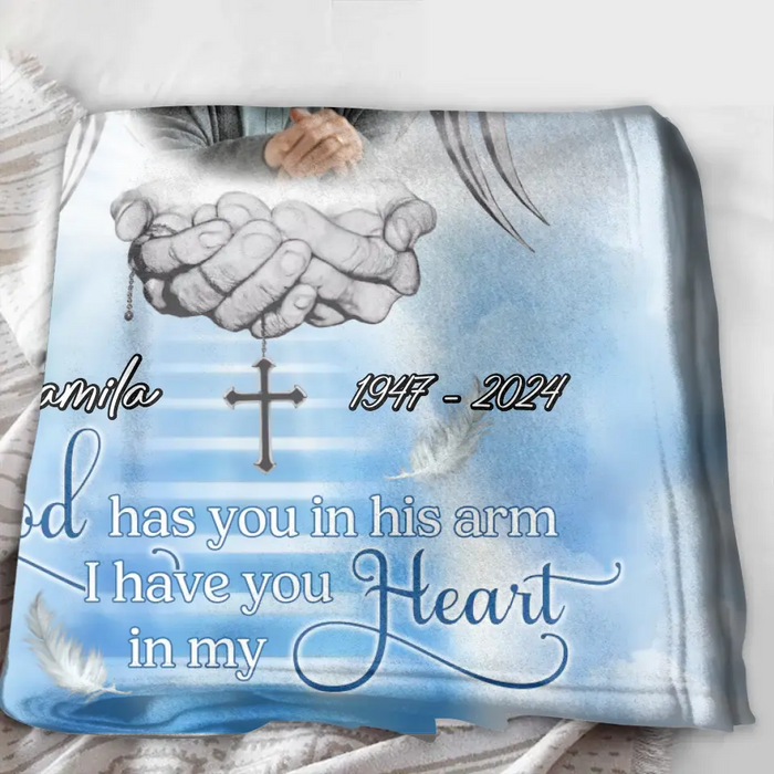 Custom Personalized Memorial Fleece Throw/ Quilt Blanket - Upload Photo - Memorial Gift Idea For Family Member - God Has You In His Arms I Have You In My Heart