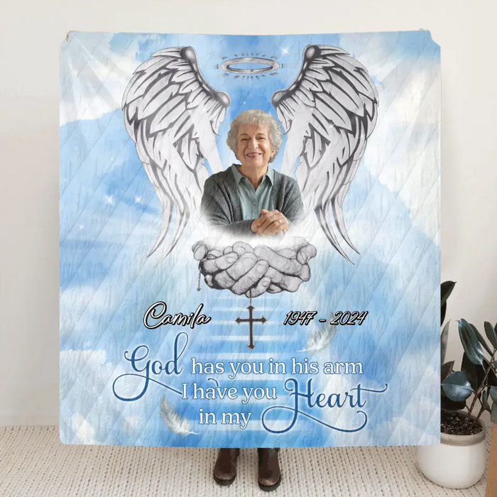Custom Personalized Memorial Fleece Throw/ Quilt Blanket - Upload Photo - Memorial Gift Idea For Family Member - God Has You In His Arms I Have You In My Heart