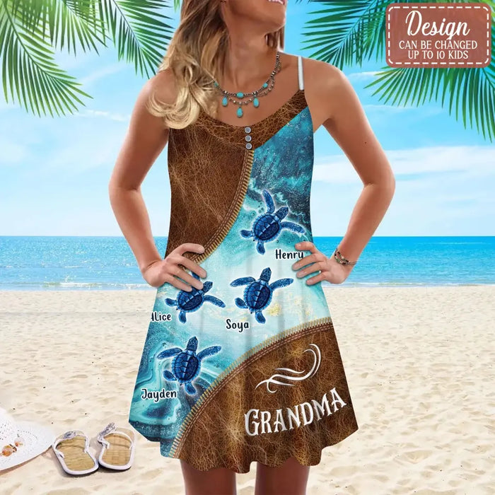 Custom Personalized Sea Turtle Grandma All-Over Print Women's V-neck Cami Dress - Upto 10 Kids - Gift To Grandma/ Mother/ Mother's Day/ Summer