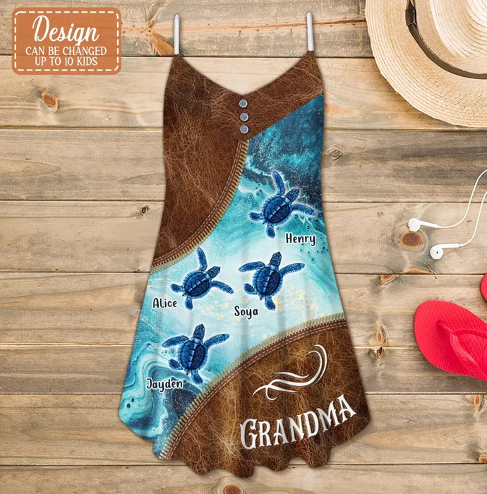 Custom Personalized Sea Turtle Grandma All-Over Print Women's V-neck Cami Dress - Upto 10 Kids - Gift To Grandma/ Mother/ Mother's Day/ Summer