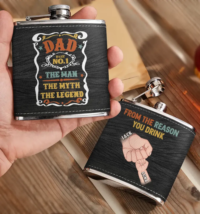 Custom Personalized Dad Leather Flask - Upto 5 Kids - Father's Day Gift Idea for Dad - The Man The Myth The Legend