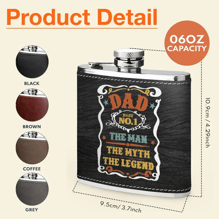 Custom Personalized Dad Leather Flask - Upto 5 Kids - Father's Day Gift Idea for Dad - The Man The Myth The Legend