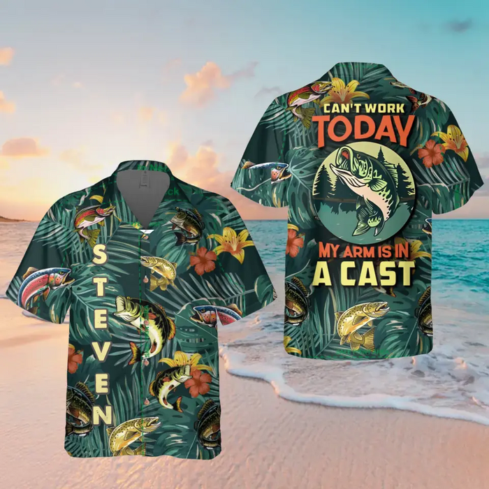 Custom Personalized Fishing Hawaiian Shirt - Father's Day Gift Idea for Fishing Lovers - Can't Work Today My Arm Is In A Cast